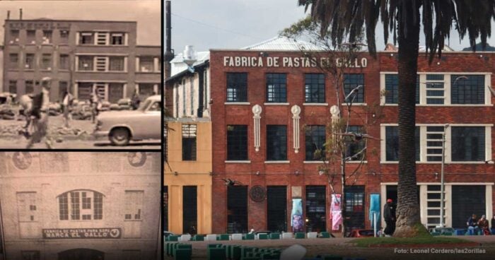 Las2orillas.co: Historias, voces y noticias de Colombia Collage showing historic and current El GalLo pasta factory: sepia street scene on the left and a red brick factory labeled 'Fabrica de Pastas El Gallo' on the right - Las2orillas.co: Historias, voces y noticias de Colombia