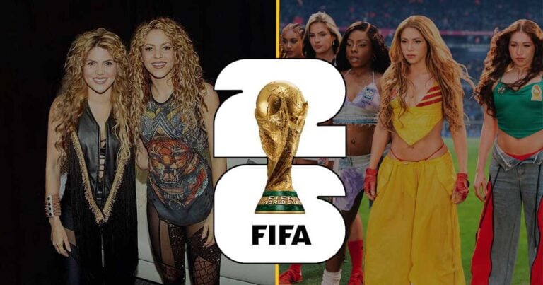 Las2orillas.co: Historias, voces y noticias de Colombia Promotional collage with performers on both sides and a large 2022 FIFA World Cup trophy logo in the center. - Las2orillas.co: Historias, voces y noticias de Colombia