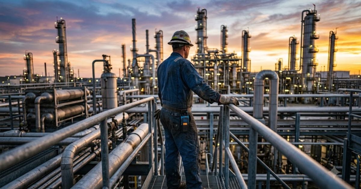 Industrial worker in hard hat and coveralls stands on a catwalk above an oil refinery, sunset sky in the background. - La nueva carrera tecnológica para comunicarse en los lugares más peligrosos de la industria