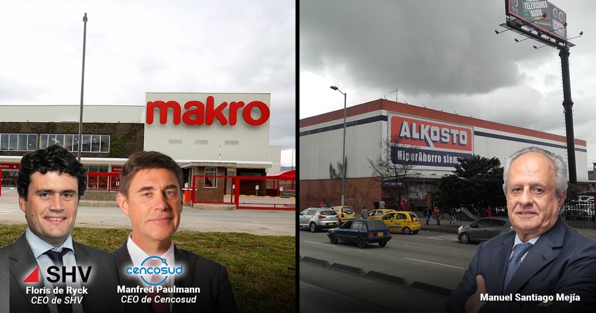 Split image: left shows Makro store with two men in suits in front; right shows Alkosto store with a man in a suit outside. - Cuando los holandeses de Makro aterrizaron en Colombia hace 30 años a hacerle competencia a los paisas de Alkosto