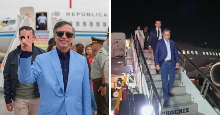 Composite image: left panel shows a man in a light blue suit smiling and flashing a peace sign near a Republica aircraft with bystanders; right panel shows the same man in a blue suit descending stairs from a night-time plane while others follow behind. - Las2orillas.co: Historias, voces y noticias de Colombia
