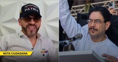 Split-screen of two men at a political event: left man wearing a cap and sunglasses, beige shirt; right man at a podium raising his arm with a microphone nearby. - Las2orillas.co: Historias, voces y noticias de Colombia