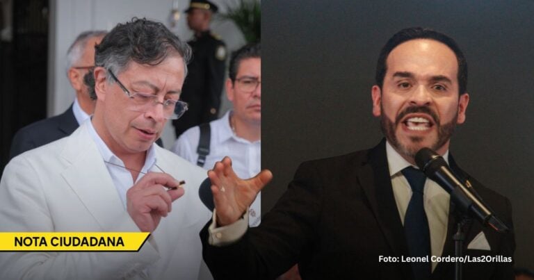 Split image: left side shows a man in a white suit inspecting a small object in his hand; right side shows a man in a dark suit speaking into a microphone at a podium. A yellow banner reads 'NOTA CIUDADANA' on the left, and a photo credit is visible on the right. - El fracaso del cambio laboral de Petro le abre la puerta a un agresivo recorte de empleos bajo el nuevo gobierno