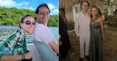 Las2orillas.co: Historias, voces y noticias de Colombia Couple on a boat by the water and trees (left); on the right, the same couple in formal attire at an event, man in white shirt and pants and woman in a green gown. - Las2orillas.co: Historias, voces y noticias de Colombia