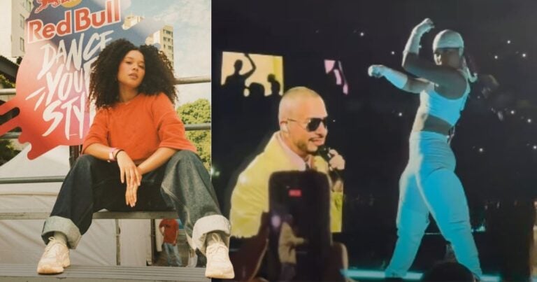 Las2orillas.co: Historias, voces y noticias de Colombia Split-image: left shows a young woman in an orange shirt sitting on a stage beside a Red Bull Dance Your Style banner; right shows a male performer in a yellow jacket singing into a mic as a dancer in blue performs on stage. - Las2orillas.co: Historias, voces y noticias de Colombia