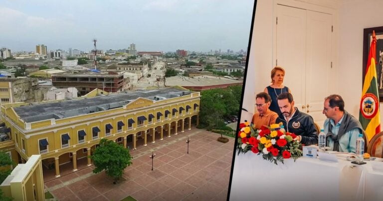 Aerial view of a yellow arcade building and plaza, with a cityscape beyond, split by a diagonal line to a room where officials meet at a conference table. - El histórico edificio donde trabajarán los ministros cuando el presidente electo gobierne desde Barranquilla