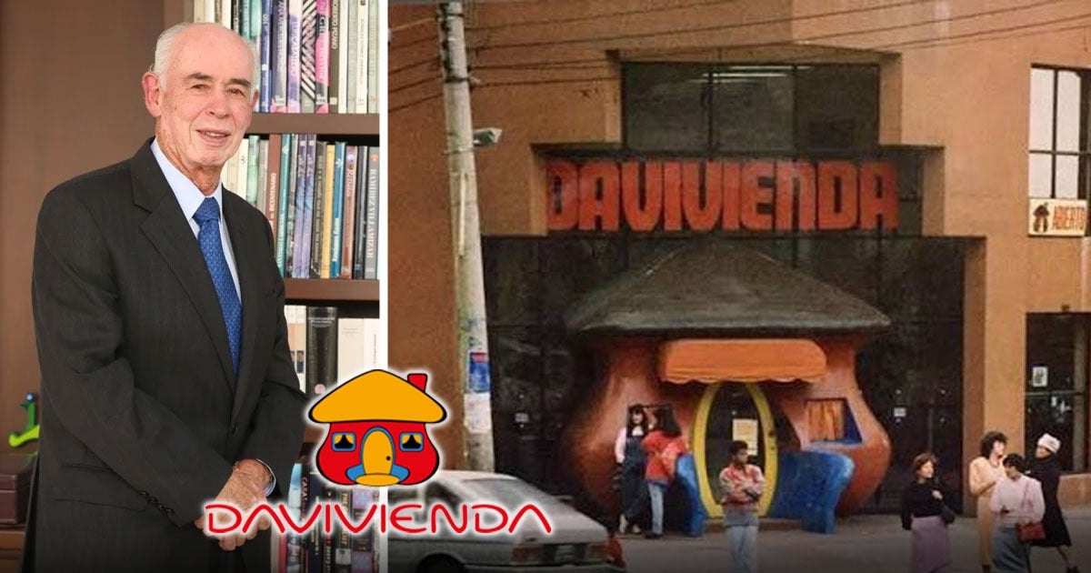Split image: an older man in a dark suit standing beside bookshelves on the left, and a Davivienda bank storefront with an orange playground sculpture on the right. - Inspirada en un popular cuento infantil: esta es la historia de la Casita Roja de Davivienda