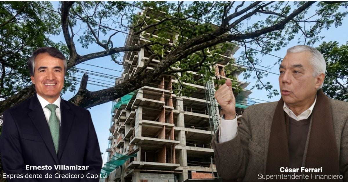 Dos hombres de negocios frente a un edificio en construcción; Ernesto Villamízar, expresidente de Credicorp Capital, y César Ferrari, superintendente financiero. - Porque los dueños peruanos del Grupo Romero deberán responderle a los compradores del Mizu Estilo Natural en Cali