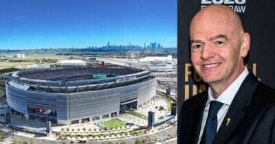 Aerial view of MetLife Stadium with the New York City skyline in the distance; on the right, a smiling bald man in a dark suit and tie. - ¿ Cuantos millones de dólares ganaran los jugadores del equipo que gane el Mundial?
