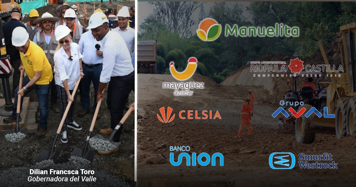 Group of people in hard hats digging with shovels at a groundbreaking ceremony, featuring Governor Dilan Fransca Toro ( Valle ). The right side shows construction logos in the background: Manuelita, Mayagüez Azúcar, Riopaila Castilla, Celsia, Grupo Aval, Banco Unión, Smurfit WestRock. - Siete grandes empresas con negocios en el Valle cajearon con la Dian impuestos por obras en los municipios