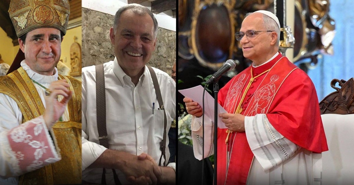 Collage of three clergymen: a bishop in gold vestments on the left, a smiling man in a white shirt with suspenders in the center, and a priest in red robes speaking at a microphone on the right. - Los colombianos que junto al exprocurador Ordóñez hacen parte de los lefebvristas que están enfrentados al papa León XIV