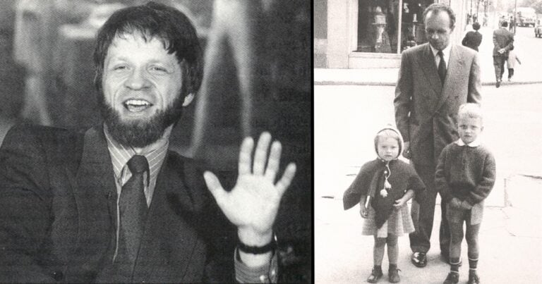Left panel: bearded man in a suit laughing and waving at the camera. Right panel: man in a suit walking with a girl and a boy on a city sidewalk. - El soldado lituano que, tras huir de la II Guerra Mundial, terminó en Colombia convertido en el tutor de Antanas Mockus
