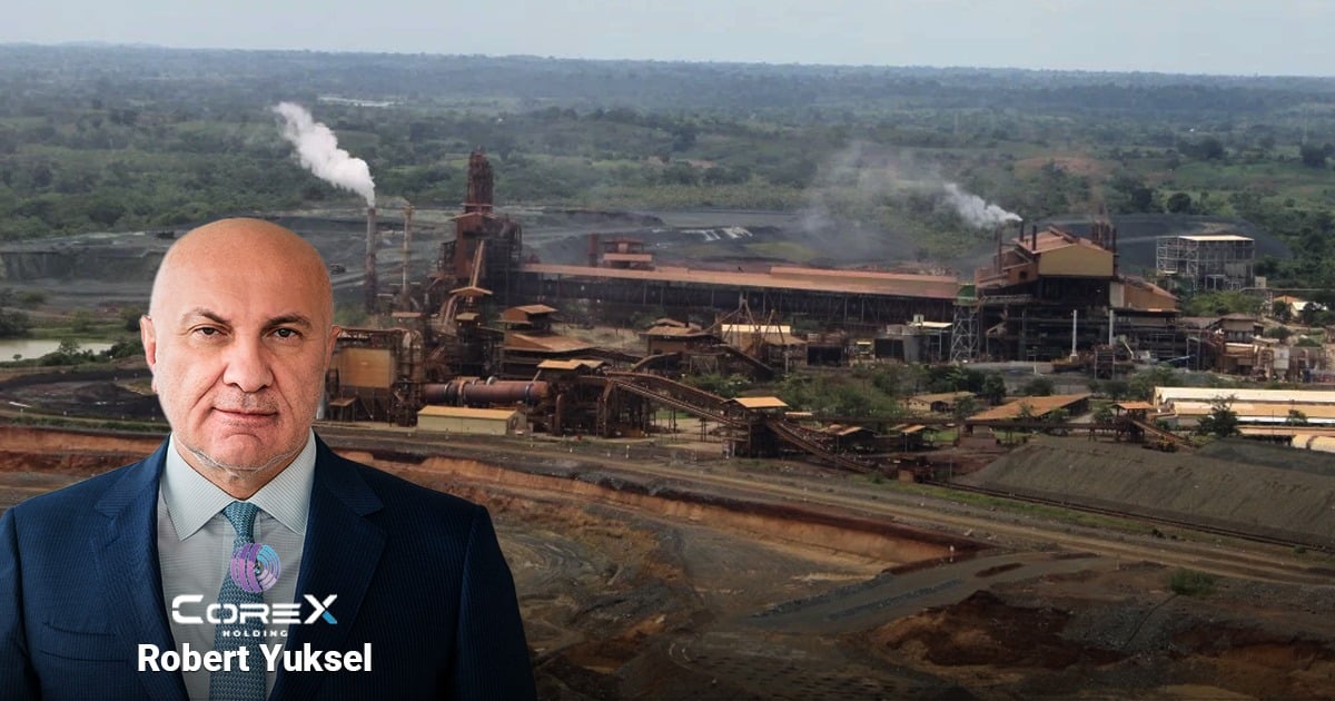 Promotional image: a man in a navy suit stands in front of a large industrial mining facility with a COREX Holding logo at the bottom left. - El millonario turco que compró Cerromatoso terminó golpeado por la crisis de gas en Canacol