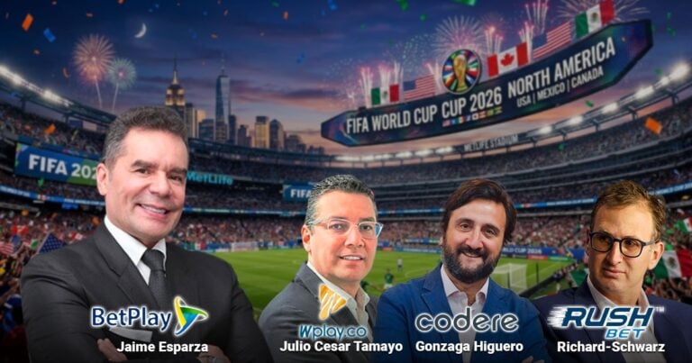 Four men in suits stand in a stadium with a FIFA World Cup 2026 banner and sponsor logos in the background. - Las2orillas.co: Historias, voces y noticias de Colombia
