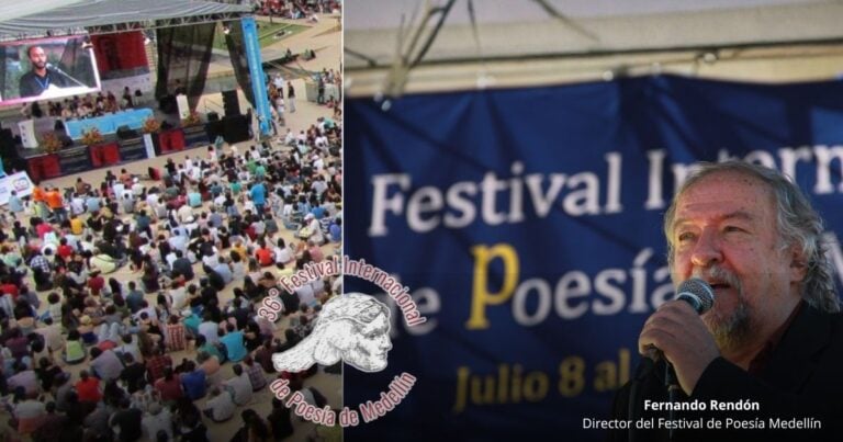 Las2orillas.co: Historias, voces y noticias de Colombia Split image: left shows a large outdoor audience at a poetry festival; right shows a man speaking into a microphone in front of a banner that reads Festival Internacional de Poesía. - Las2orillas.co: Historias, voces y noticias de Colombia