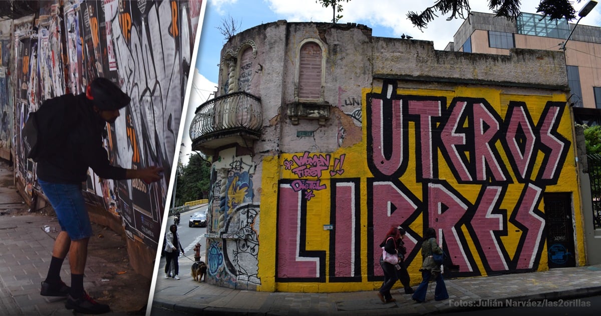 Split image: left shows a man in a black jacket and hat spray-painting a graffiti wall; right shows a yellow building with bold pink/black graffiti letters and two pedestrians walking by. - Un recorrido por las historias que el aerosol escribió en los muros de Bogotá: Grafiti Tour