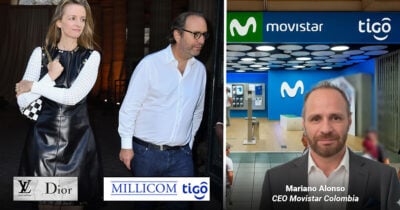 Las2orillas.co: Historias, voces y noticias de Colombia Left panel shows a stylish couple exiting a venue with luxury brand logos (Louis Vuitton, Dior, Millicom/Tigo) and the right panel shows Mariano Alonso, CEO of Movistar Colombia, in a suit at a Movistar store. - Las2orillas.co: Historias, voces y noticias de Colombia