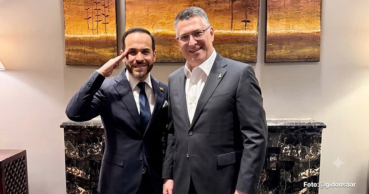 Two men in dark suits pose for a photo indoors; the man on the left is saluting next to a taller man in a gray suit. - Una comunicación entre el canciller de Israel y De la Espriella marcó el reinicio de relaciones económicas y militares