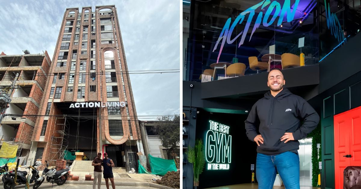 Two-panel image: left shows a tall brick construction building with a curved entrance and a sign reading 'ACTION LIVING'; right shows a smiling man in a black hoodie standing inside a modern gym with a neon 'THE BEST GYM IN THE WORLD' sign. - El colombiano que fundó los gimnasios Action Black quiere coronar en el negocio hotelero