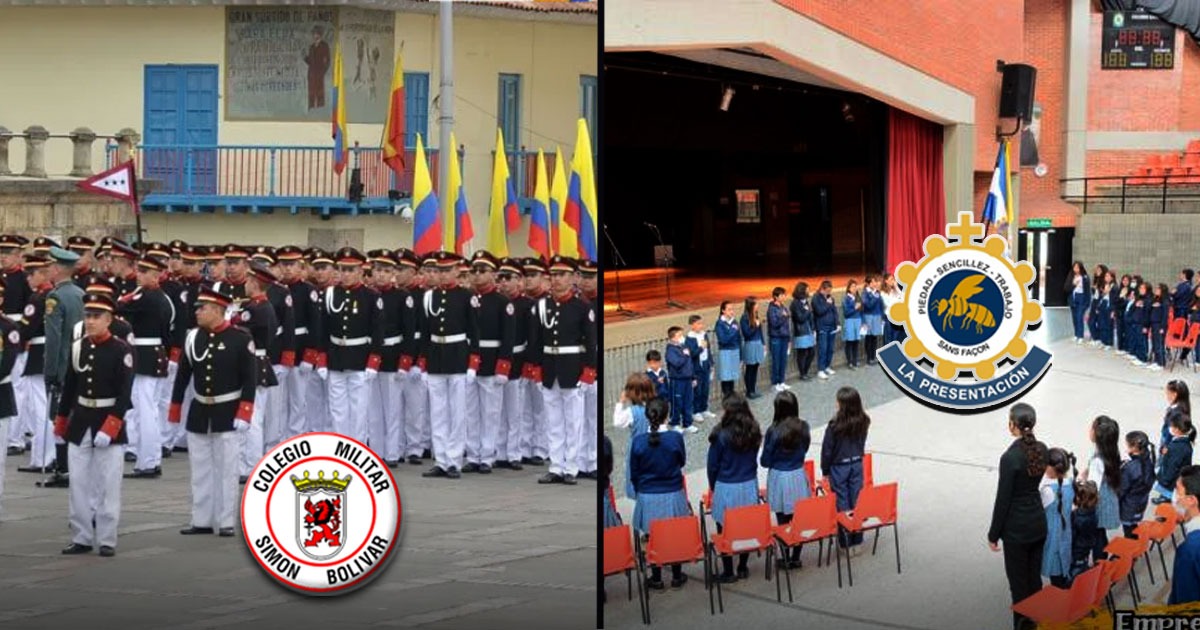 Two-group school ceremony: uniformed cadets in formation on the left and students in blue uniforms on the right, with school emblems visible on each side. - ¿Por qué cada día se cierran más colegios privados en Colombia?