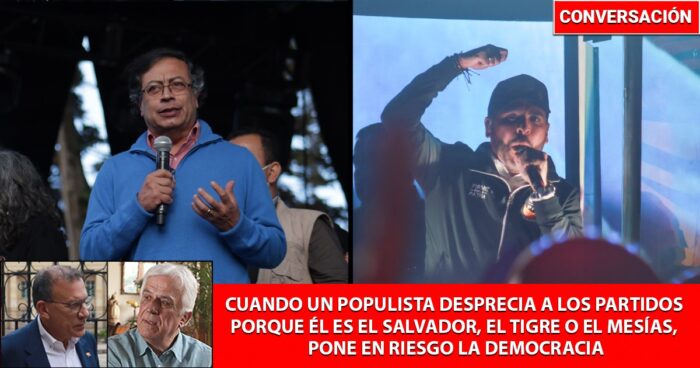 Collage of two men giving speeches: left a man in a blue sweater holding a microphone, right a man on stage with a mic and raised fist, plus a red banner with Spanish headline about populists and democracy - Qué viene para Colombia con un gobierno tan furioso como el de Abelardo De la Espriella