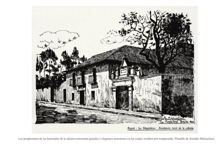 Cinco haciendas coloniales de virreyes y generales son los terrenos que le dieron origen a Ciudad Bolívar Black-and-white sketch of a rural street with long adobe-style houses and trees. - Cinco haciendas coloniales de virreyes y generales son los terrenos que le dieron origen a Ciudad Bolívar