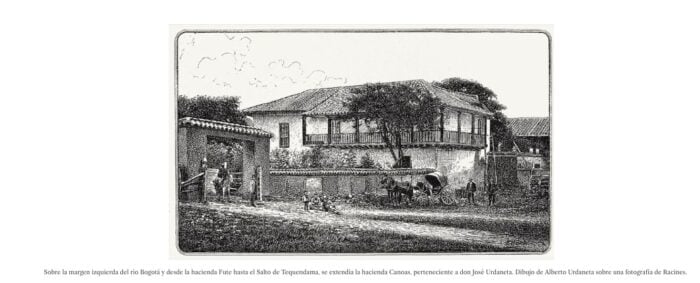 Cinco haciendas coloniales de virreyes y generales son los terrenos que le dieron origen a Ciudad Bolívar Vintage engraving of a two-story hacienda with a wagon and people outside along a riverbank left margin of the Bogotá river (historic scene). - Cinco haciendas coloniales de virreyes y generales son los terrenos que le dieron origen a Ciudad Bolívar