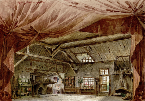 Inspirada en un popular cuento infantil: esta es la historia de la Casita Roja de Davivienda Old rustic attic/workshop with exposed wooden beams, a stove on the left, shelves and workbench, and a small window letting in soft light. - Inspirada en un popular cuento infantil: esta es la historia de la Casita Roja de Davivienda