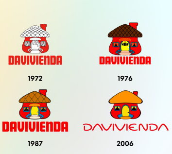 Inspirada en un popular cuento infantil: esta es la historia de la Casita Roja de Davivienda Logo evolution of Davivienda across years: top row 1972 left and 1976 right, bottom row 1987 left and 2006 right, showing color and design changes. - Inspirada en un popular cuento infantil: esta es la historia de la Casita Roja de Davivienda