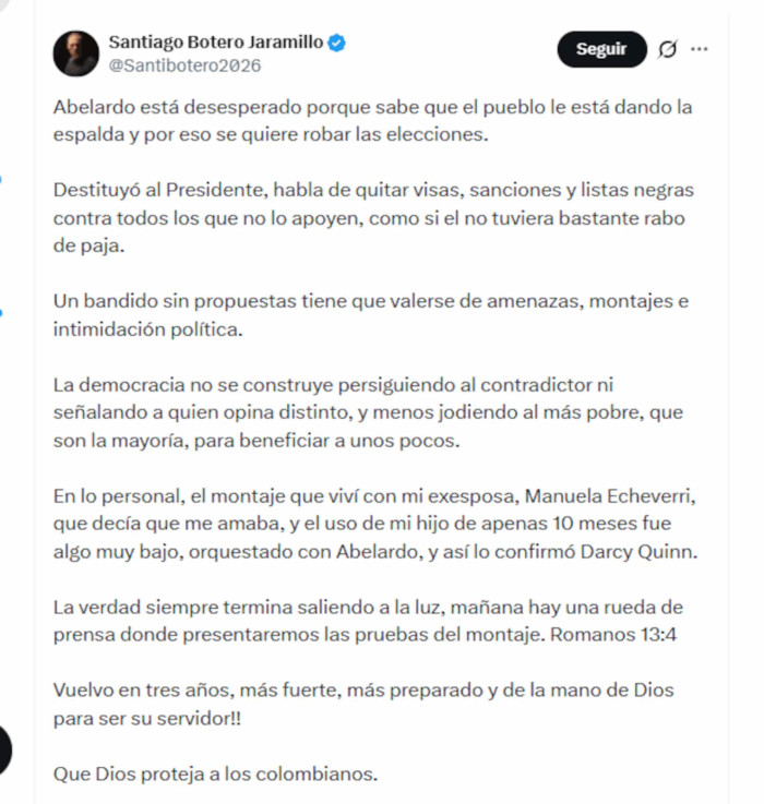 El negociazo con el que el empresario paisa Santiago Botero busca conquistar a EE. UU. Screenshot of a Twitter post in Spanish discussing political accusations and a personal relationship. - El negociazo con el que el empresario paisa Santiago Botero busca conquistar a EE. UU.