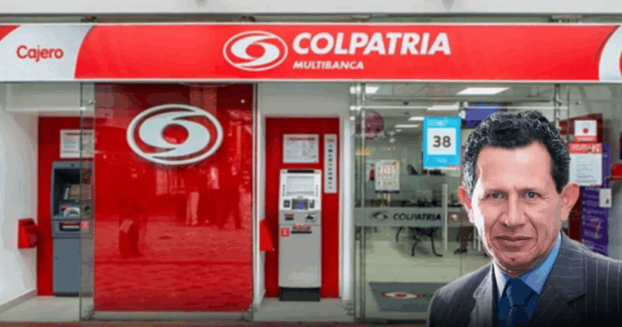 El francés dueño Caracol Radio quiere sacarle una fortuna a Millonarios, el equipo bogotano que compró hace 15 años Colpatria Multibanca storefront with red signage and logo; a suited man stands in the foreground. - El francés dueño Caracol Radio quiere sacarle una fortuna a Millonarios, el equipo bogotano que compró hace 15 años