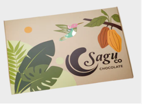 Un pequeño negocio familiar trabaja ahora 10 toneladas de cacao que vende en 13 países Packaging for Sagu Co Chocolate featuring tropical leaves, a pink bird, and a sun on a beige background. - Un pequeño negocio familiar trabaja ahora 10 toneladas de cacao que vende en 13 países