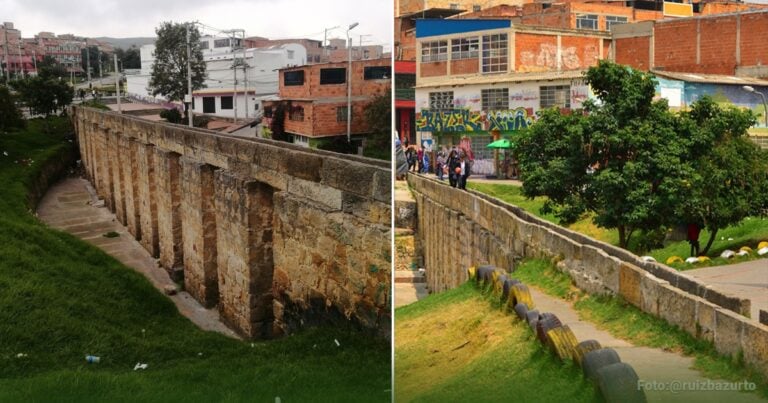 Las2orillas.co: Historias, voces y noticias de Colombia Split-image of an old stone wall with arched openings along a grassy park on the left, and a similar wall with people, graffiti-covered buildings, and a tree on the right, indicating urban park areas. - Las2orillas.co: Historias, voces y noticias de Colombia