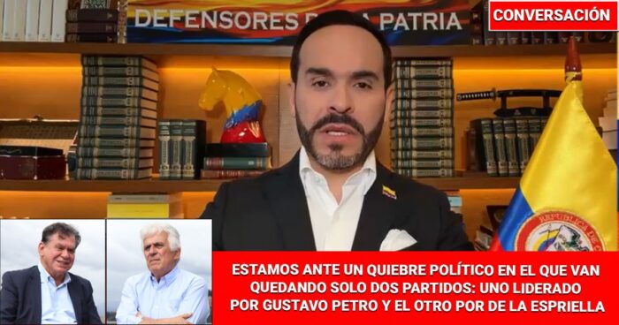 Video thumbnail: man in suit speaking in front of a bookshelf backdrop with a Colombian flag; inset photos of two men bottom-left; red caption and 'CONVERSACIÓN' badge indicate a political discussion. - Qué le espera a Colombia con Abelardo De La Espriella a partir del 7 de agosto