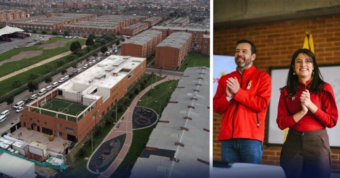 A split image: aerial view of a brick campus with green spaces beside a lecture hall, and two presenters in red jackets at a podium indoors. - Las2orillas.co: Historias, voces y noticias de Colombia