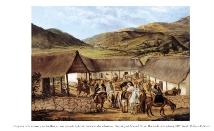 Cinco haciendas coloniales de virreyes y generales son los terrenos que le dieron origen a Ciudad Bolívar Courtyard scene at a thatched hacienda: people and riders gather near a stone wall with colonial-style huts, mountains in the distance. - Cinco haciendas coloniales de virreyes y generales son los terrenos que le dieron origen a Ciudad Bolívar