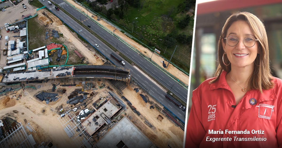 Aerial split image: left shows a construction site and highway; right shows a smiling woman in a red TransMilenio uniform, identifying text visible on her shirt. - Los Lozada aliados a una empresa francesa se quedaron con la billonaria licitación para los buses de Transmilenio