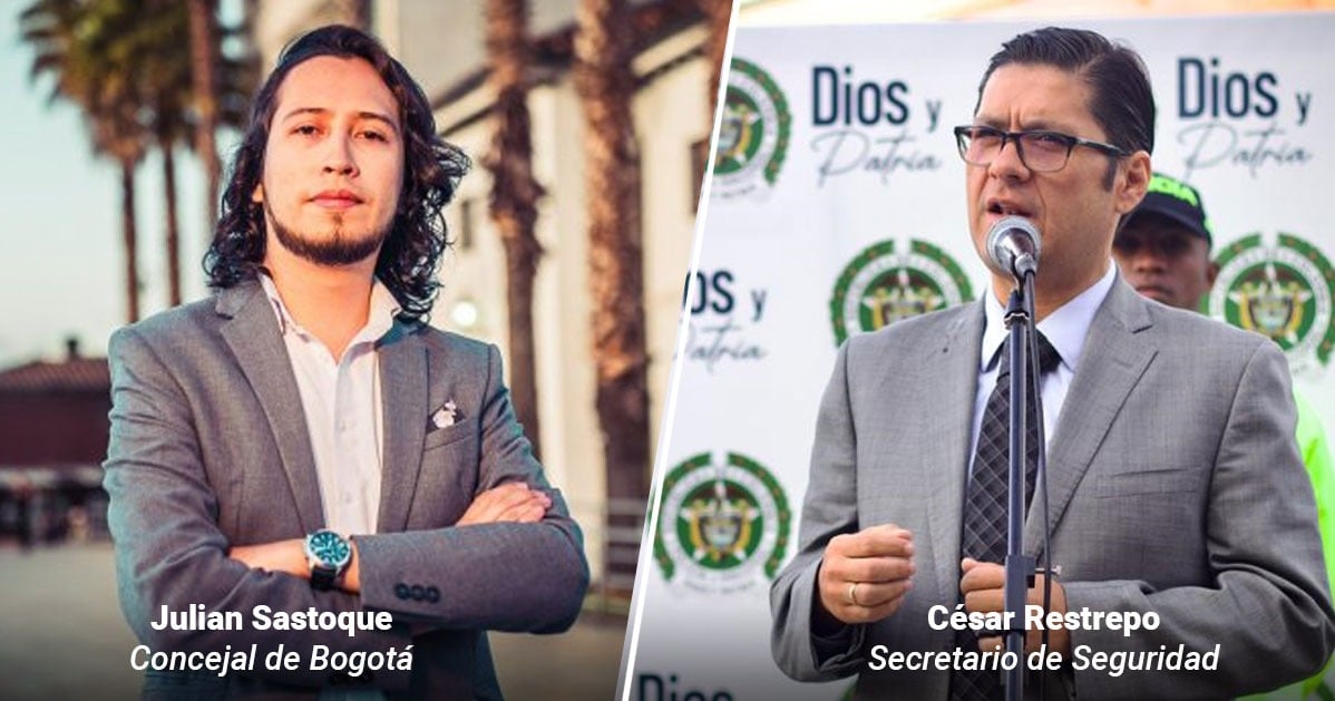 Two men in suits split by a diagonal line: on the left, Julian Sastoque, Bogotá councilman, arms crossed; on the right, César Restrepo, Security Secretary, speaking at a podium. - Un concejal de Bogotá destapo la calamitosa inseguridad que se dispara en las noches