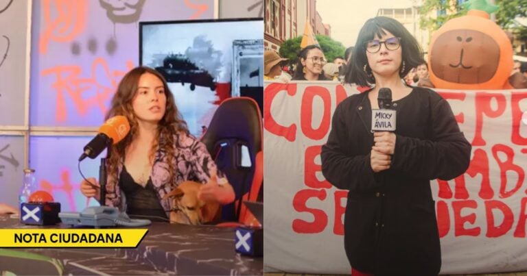 Split image: left, a female radio host at a desk with an orange mic and a small dog beside her; banner reads NOTA CIUDADANA. Right, a reporter on a street protest with a microphone and a crowd behind a red banner. - La ola de odio contra la comediante María Camila Fonseca demuestra la doble moral de la política en Colombia
