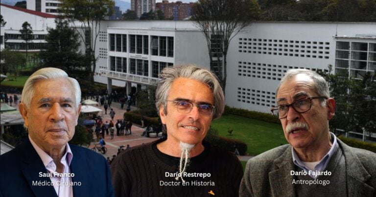 Three men pose outdoors on a campus plaza; left to right: Saul Franco, Médico Cirujano; Daríc Restrepo, Doctor en Historia; Darío Fajardo, Antropólogo. - ¿Quiénes son los tres académicos con los que Petro se quería atornillar en la U. Nacional antes de dejar la Presidencia?