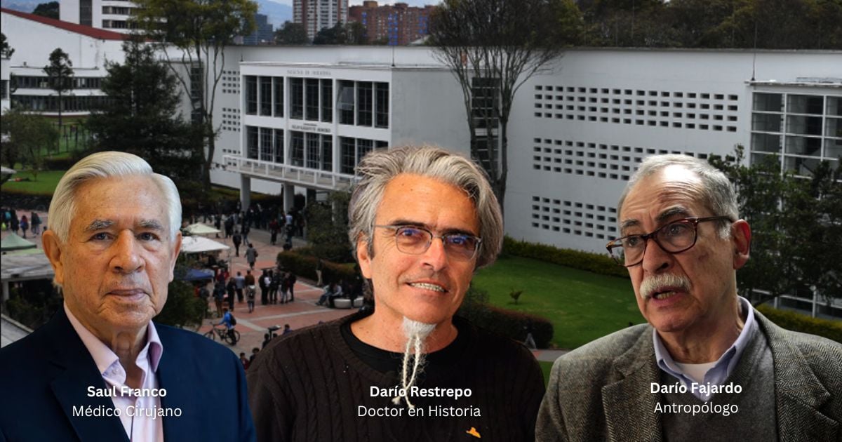Three men pose outdoors on a campus plaza; left to right: Saul Franco, Médico Cirujano; Daríc Restrepo, Doctor en Historia; Darío Fajardo, Antropólogo. - ¿Quiénes son los tres académicos con los que Petro se quería atornillar en la U. Nacional antes de dejar la Presidencia?