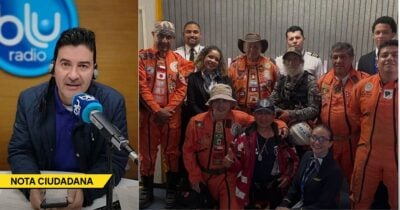 Left: radio host speaks into a blue mic in a studio with a 'nota ciudadana' banner; right: group of people in orange jumpsuits posing for a photo in a hallway. - Las2orillas.co: Historias, voces y noticias de Colombia