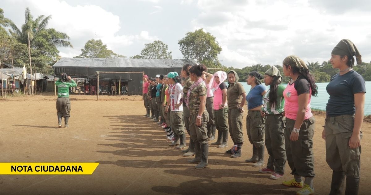 Line of women in cargo pants outdoors, standing at attention while a person in a green shirt leads a drill; a tent and trees in the background with a yellow 'NOTA CIUDADANA' banner in the corner. - La soledad de los padres colombianos cuyos hijos se fueron para las filas de la guerrilla