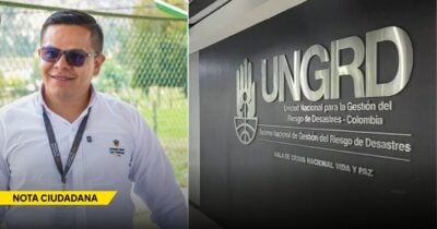 Left: man in white shirt with lanyard and sunglasses; right: UNGRD disaster risk management sign in Colombia; yellow 'NOTA CIUDADANA' banner at bottom. - Las2orillas.co: Historias, voces y noticias de Colombia