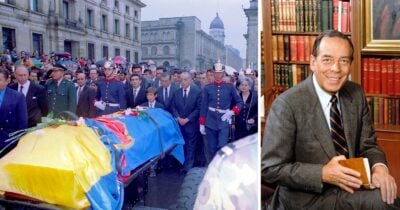 Left: a funeral procession with uniformed guards and a flag-draped coffin moving through a city street; right: a smiling man in a suit seated in a library holding a notebook. - Lo condenaron por matar a Álvaro Gómez pasó 18 años preso y hoy las Farc dicen que es inocente