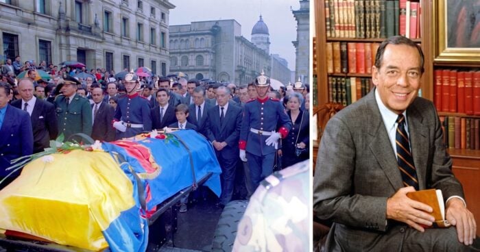Left: a funeral procession with uniformed guards and a flag-draped coffin moving through a city street; right: a smiling man in a suit seated in a library holding a notebook. - Lo condenaron por matar a Álvaro Gómez pasó 18 años preso y hoy las Farc dicen que es inocente