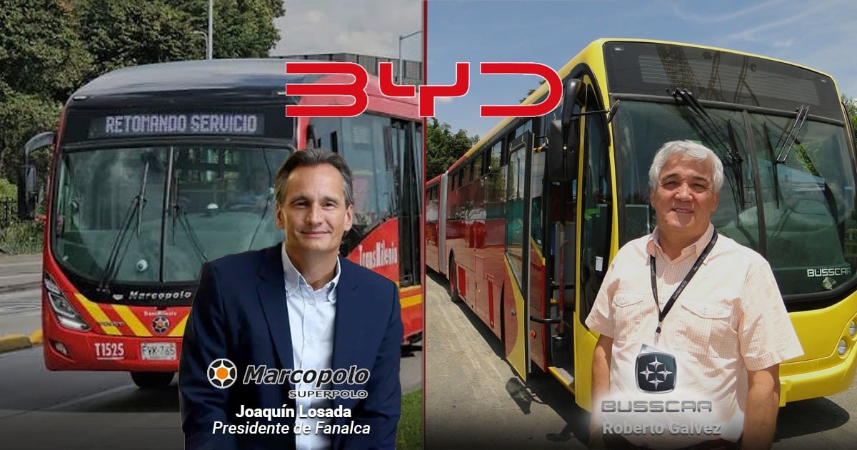 Split image of two city buses: a red bus on the left with 'RETOMANDO SERVICIO' and a suited man in front; a yellow bus on the right with a casually dressed man beside it. - Los chinos en asocio con fabricantes de carrocerías caleños y brasileños hicieron 50 buses duales de Transmilenio