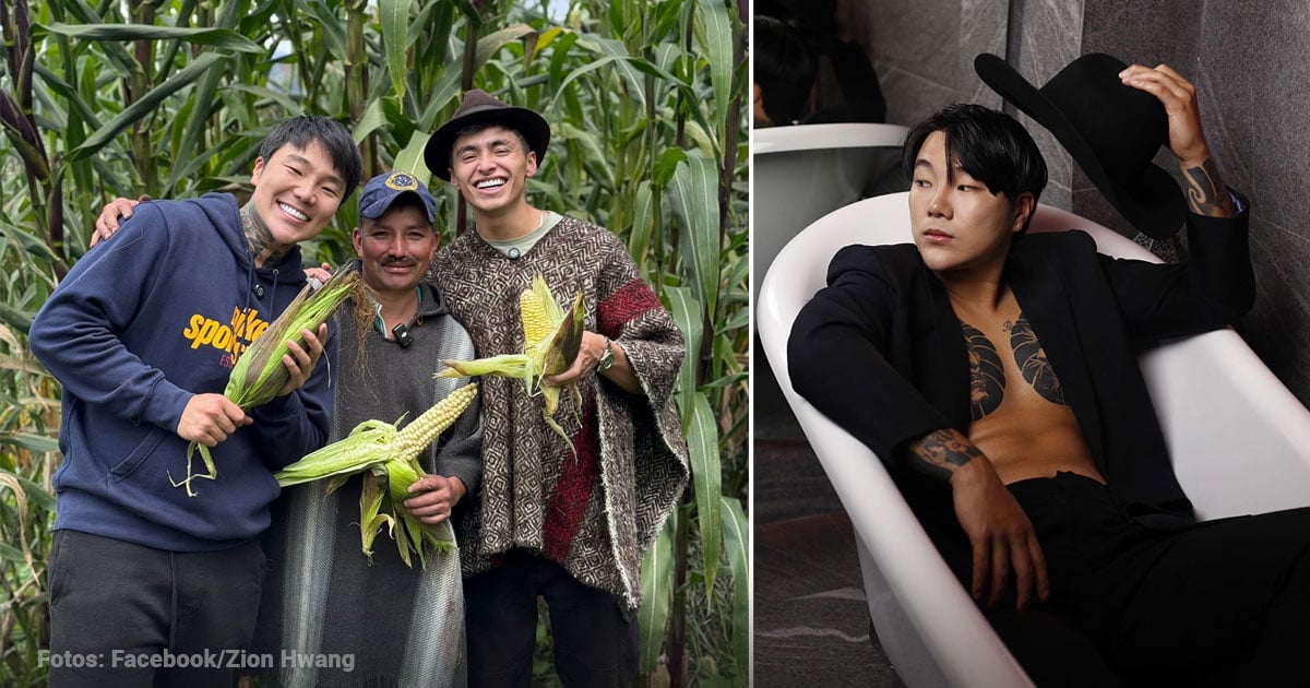 Three men in a cornfield smiling and holding fresh ears of corn, posing for a harvest photo. - El influencer extranjero radicado en Colombia que es el número uno con 15 millones de seguidores en Instagram y TikTok