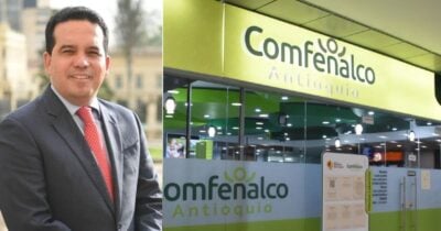 Man in a dark suit and red tie stands outside a green Comfenalco Antioquia storefront, posing for the camera. - Una movida de la Mintrabajo impidió que el ex senador Carlos Andrés Trujillo pudiera quedarse con Comfenalco Antioquia