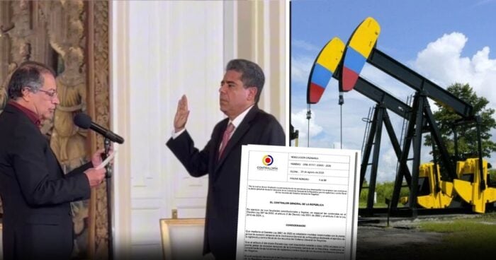 Las2orillas.co: Historias, voces y noticias de Colombia Two men in a formal swearing-in moment; one raises his right hand while the other reads, with an oil pump jack and a Contraloría document visible in the foreground. - Las2orillas.co: Historias, voces y noticias de Colombia